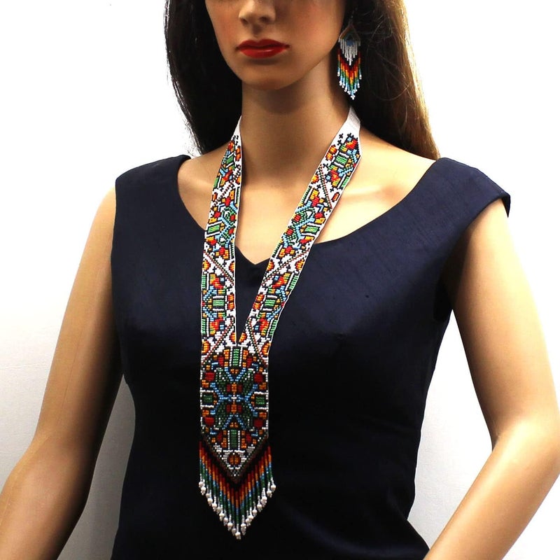 Native Tribal Style Long Statement Beaded Necklace for Women Handmade